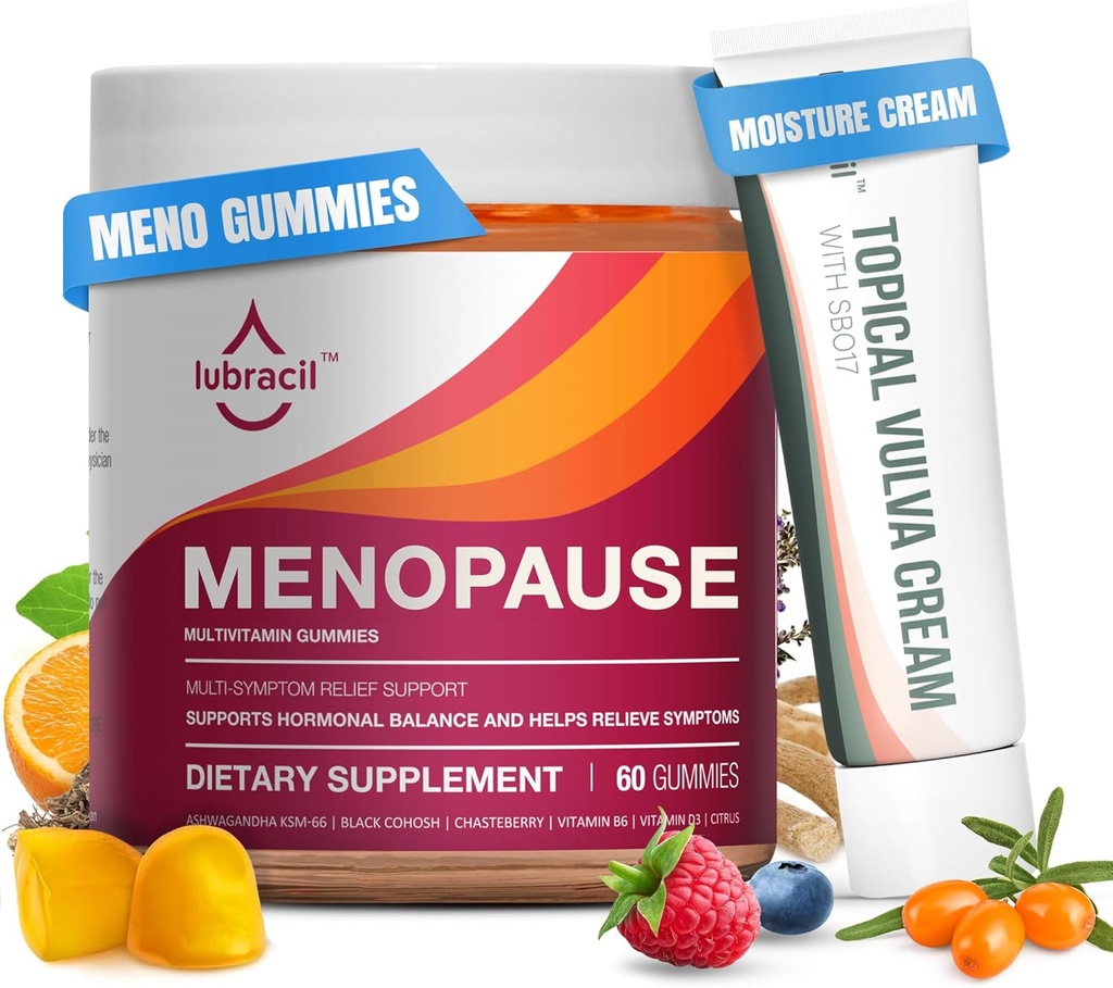 Lubracil Menopause Gummies & Topical Vulva Cream Bundle – Suporte sem hormônios para flashes quentes, Secura vaginal, Coceira, Mood Swings & Night Sweats with Black Cohosh, Ashwagandha, Omega-7 & Vitamina E