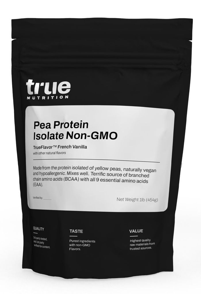 Pó de proteína de ervilha de nutrição verdadeira isolate - 25g não-GMO Vegan Protein Powder por serviço - baixo carboidrato, baixa gordura, alta leucina - sem glúten, lacticínios, sem soja - baunilha francesa - 1LB