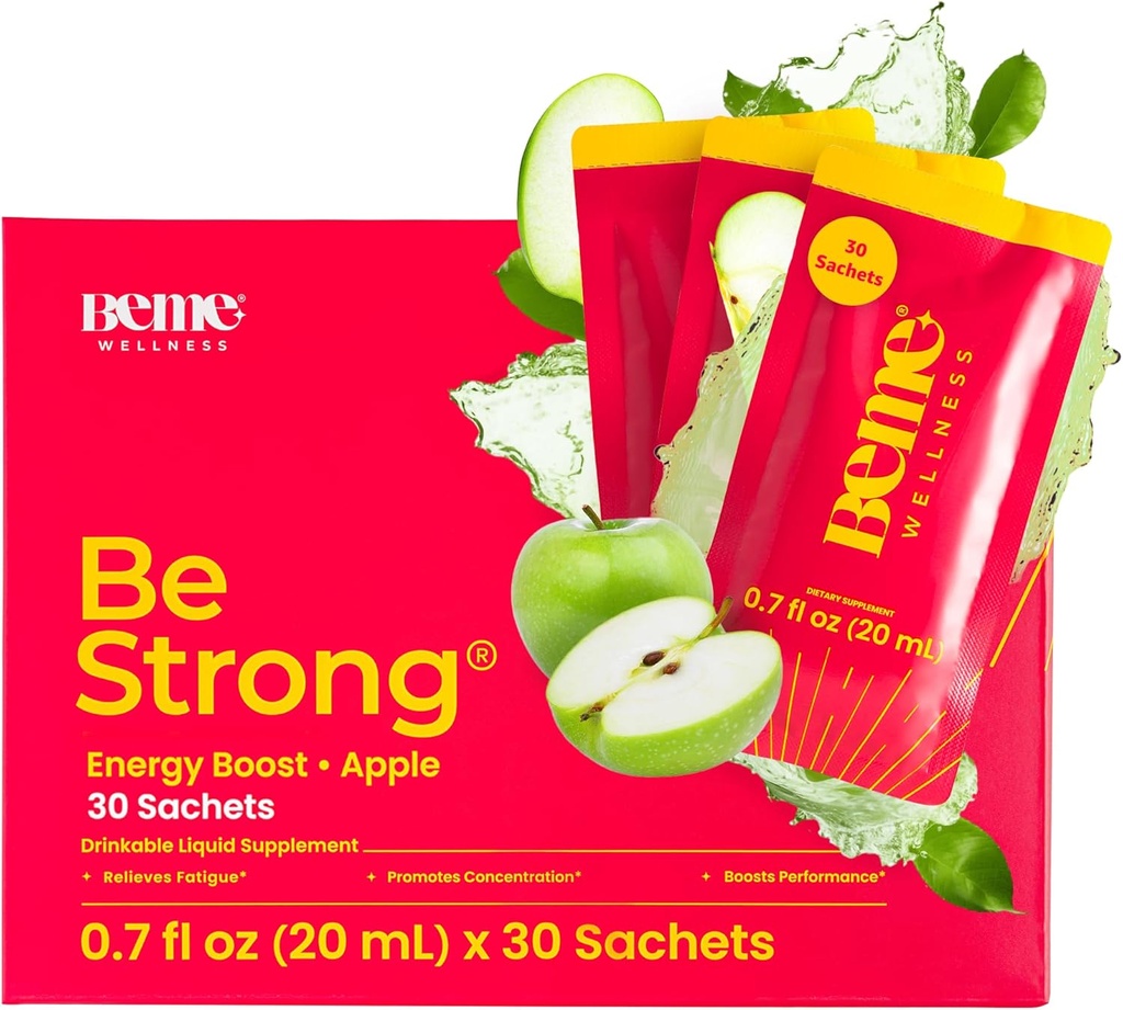 BeMe Vitamina B12 Líquido Tiro, BeStrong - Vitamina B 12 Suplemento líquido potável suporta aumento de energia, foco, & concentração - Guarana, Taurina, & Suplementos de colágeno promover a recuperação (30 saquetas)