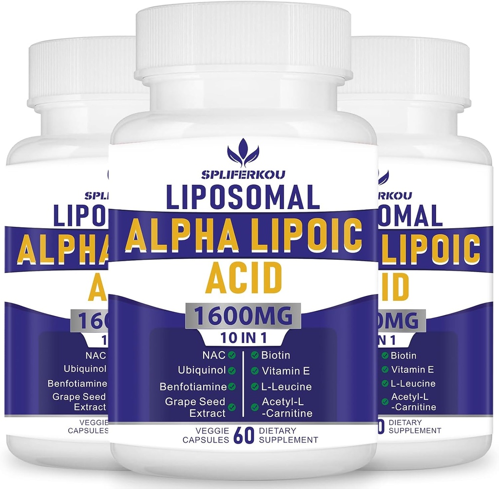 Ácido Lipóico Alfa Lipomal 1600mg por serviço, suplemento ALA para a saúde antioxidante, energia e metabolismo-Gluten livre e não GMO 180 Cápsulas