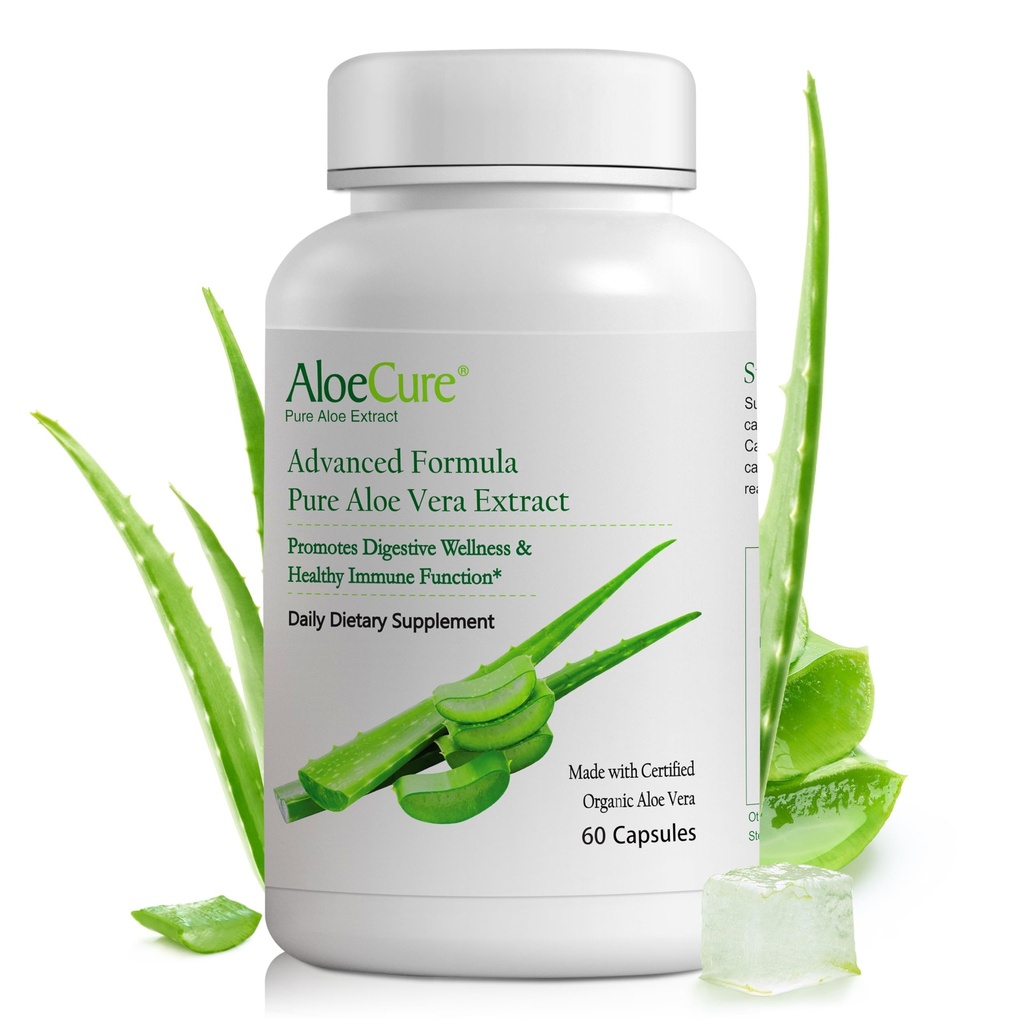 AloeCure Organic Aloe Vera Cápsulas, 160,000mg Inner Aloe Leaf Equivalente por serviço, Gut de suporte, Digestivo, & Saúde Imune, Ajuda a manter a acididade do estômago equilibrado, Aloin Free, 60 Cápsulas