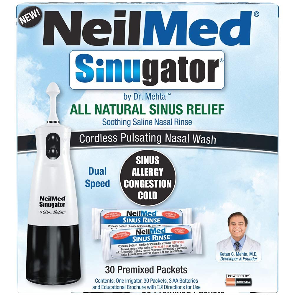NeilMed Sinugator Pulsando sem fio Irrigador nasal (Dual Speed) com 30 pacotes pré-misturados e 3 pilhas AA - Preto (Pacote de 1)