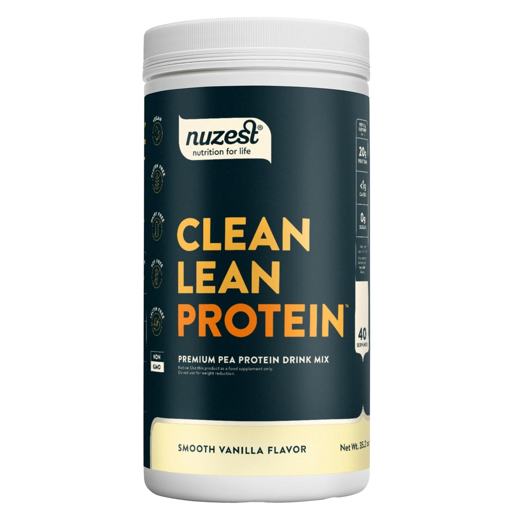 Nuzest - Pó de proteína de ervilha - Clean Lean Protein, Premium Vegan Planta Based Protein Powder, Dairy Free, Gluten Free, GMO Free, Shake de proteína, Baunilha Suave, 40 Servings, 2,2 lb