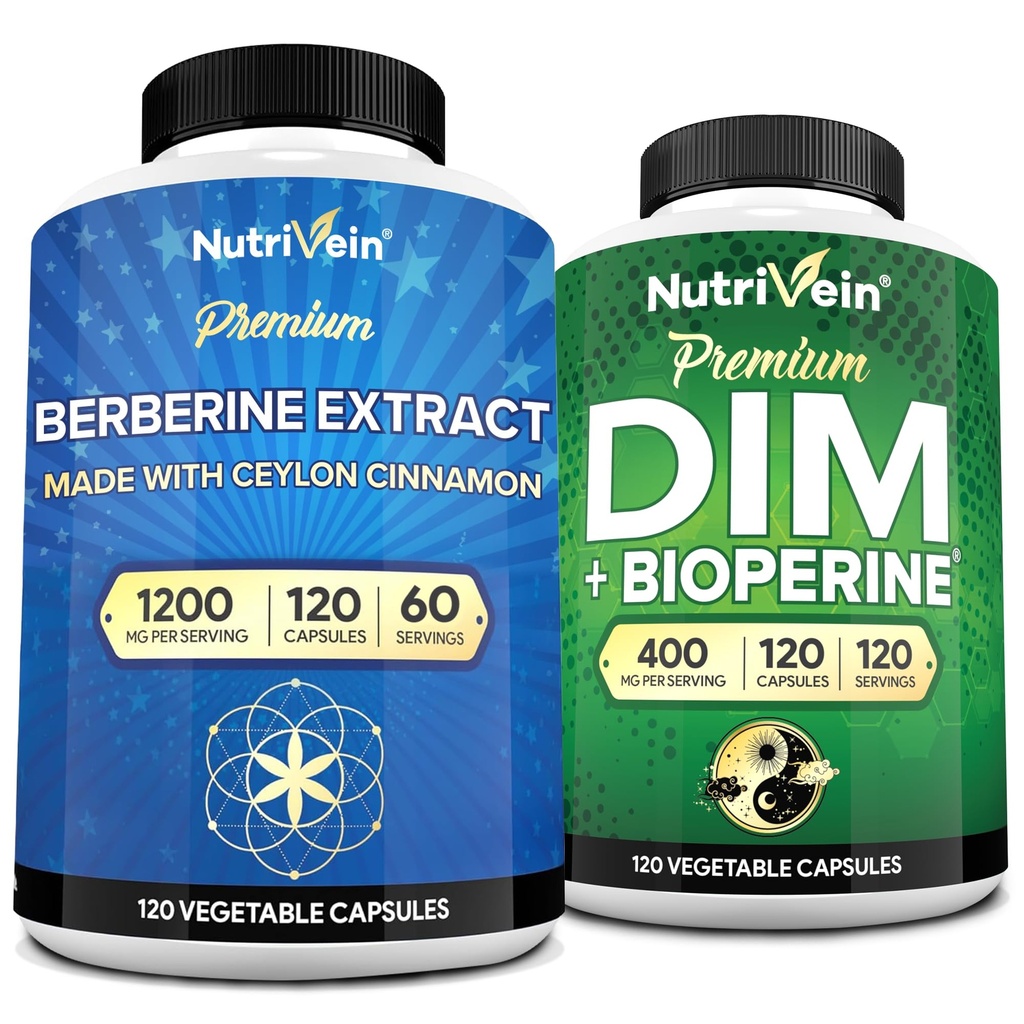 Nutrivein Premium DIM & Berberine Supplement Bundle: Berberine de alta absorção & DIM Supplement with Bioperine - for Hormonal Balance, Digestive Regularity, Metabolismo, & Global Wellness