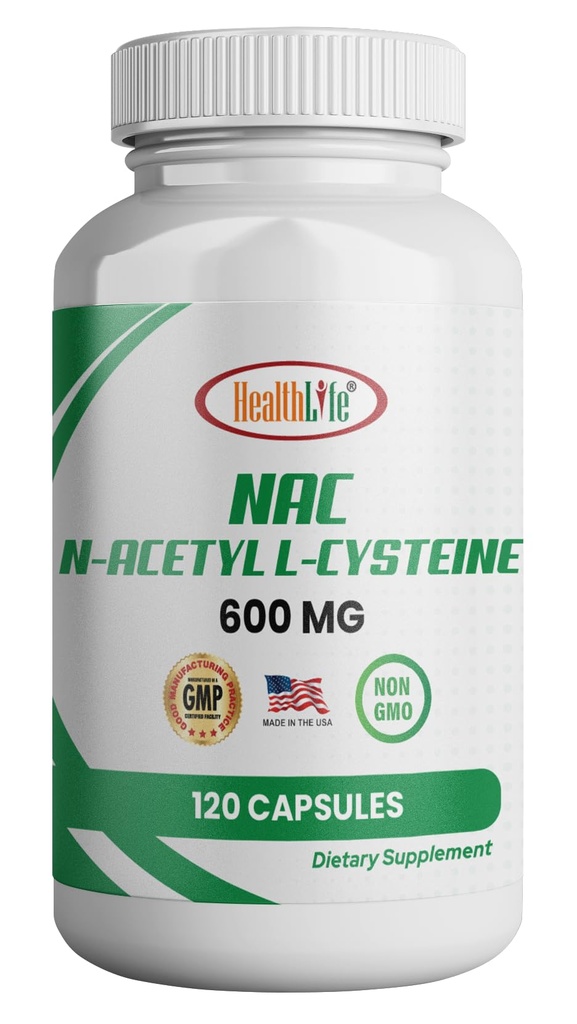 HealthLife N-Acetil L-Cysteine (NAC) 600mg, 120 Cápsulas - Não-GMO, Gluten Free, 120 Servimentos