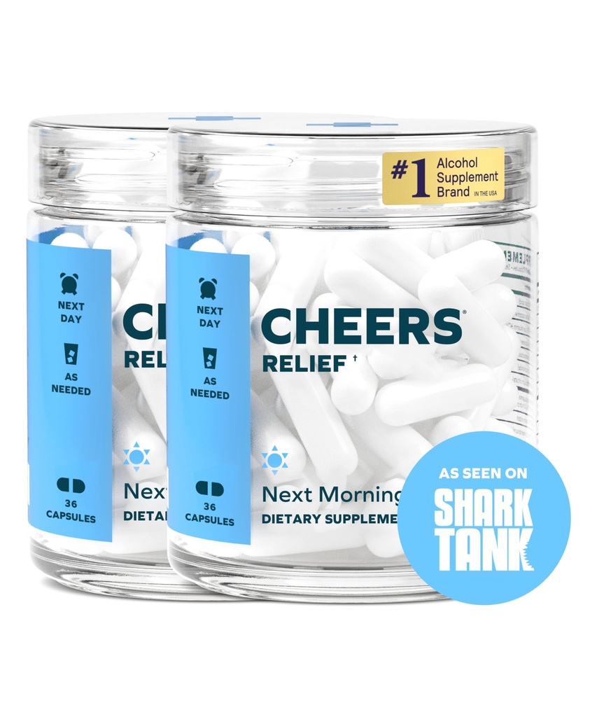 Cheers Relief (Ajuda da próxima manhã com Ginger + White Willow Bark) Sinta-se melhor após beber 24 doses (Ginger, White Willow Bark, L-Theanina, Cafeína