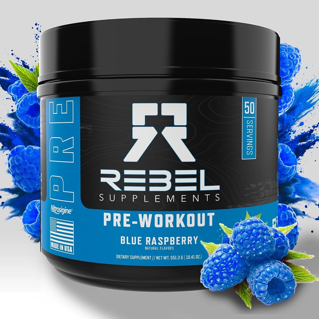 Rebel SupplementsTM Blue Razz Carregado pré-treino . Bombas extremas, foco laser, energia insana .. 7000mg L-Citrulina, 4000mg Beta Alanine, 1500mg Nitrosigina®, 350mg Cafeína .. 50 Servings