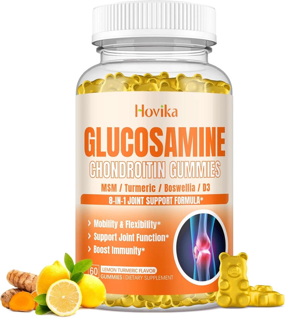 Glucosamina Condroitin MSM Gummies 1500mg - Suplemento de apoio conjunto com açafrão, Boswellia, Vitamina D3, Ácido hialurônico, Antioxidante, Suporte imunológico para adultos, Homens & mulheres Vegan, 60 Gummies