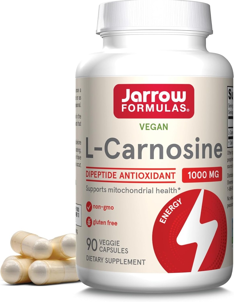Jarrow Formulas® L-Carnosina Dipeptide Antioxidante 1000 mg, Suplemento Dietário, Suporte Antioxidante para Saúde Mitocondrial, 90 Cápsulas Veggie, até 45 dias de fornecimento