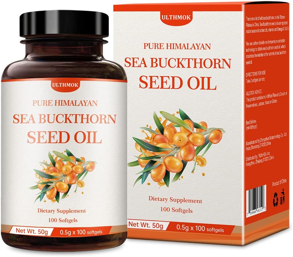 ULTHMOK Premium Sea Buckthorn Seed Oil, 100% óleo de semente, 100 Softgels & 100×500mg, Não-GMO, Gluten Free.