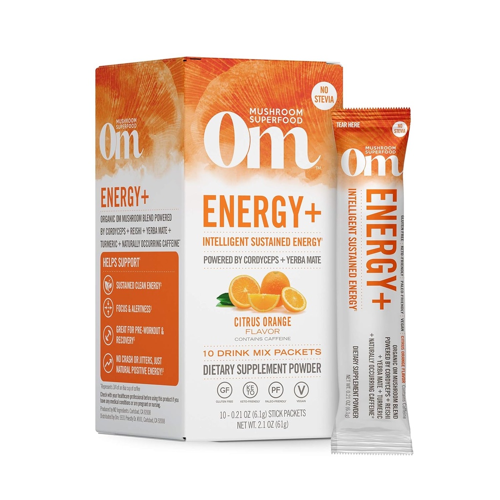 OM MUSHROOM SUPERFOOD Energy Plus Mushroom Powder Drink Mix, Citrus Orange, Single Serve, 10 Count, Mushroom Blend, Cordyceps, Yerba Mate, Tumérica, Complexo Vitamina B, Pré-Trabalho, Suplemento Imune