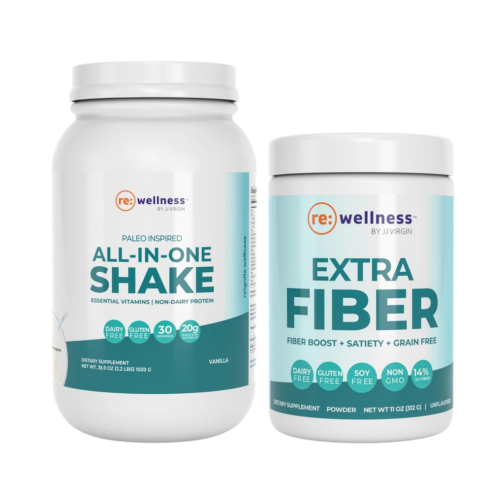 Reignite Wellness por JJ Virgin Vanilla Paleo-Inspirado Shake All-in-One e suplemento de pó de fibra extra