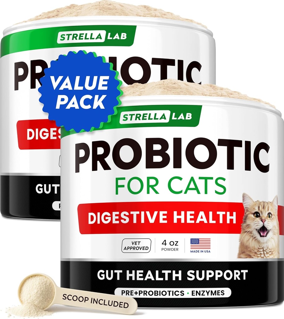 StrellaLab Gato Probiótico Pó - Probióticos para Gatos com Diarréia - Fácil de Misturar Pó - Gato Probióticos para Gatos Interiores, Suprimentos de Saúde Suplemento Alimentar, Suporte Digestivo (8 onças / Pacote de 2)