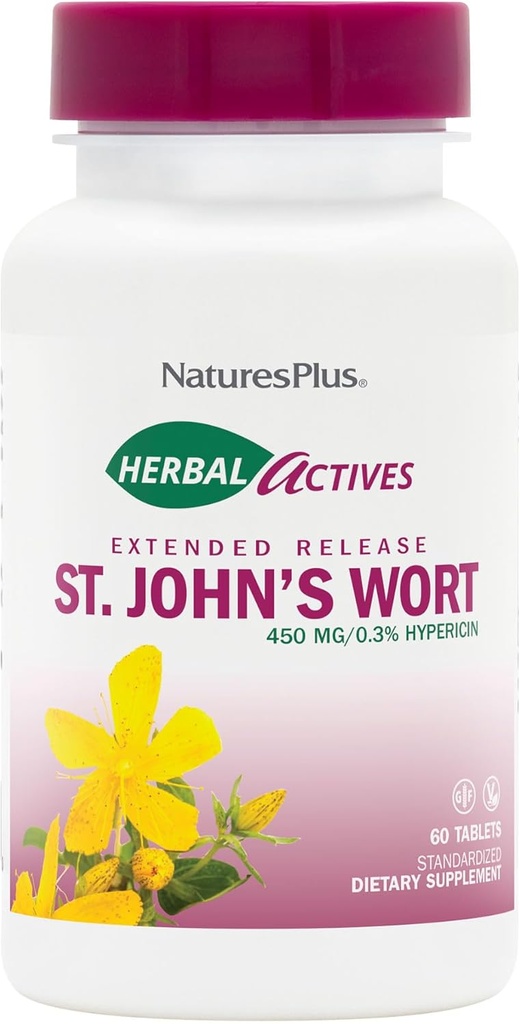 NaturesPlus Herbal Actives St. John's Wort Extended Release - 60 Tablets, Pack of 2 - Suporta um humor saudável e positivo Outlook - Vegetarian, Gluten Free - 120 Total Servings