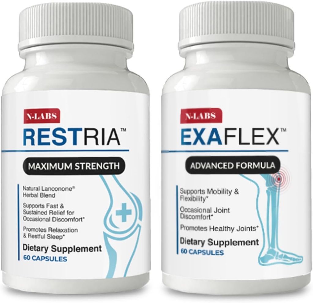 N-Labs Joint Support & Sleep Aid Combo – ExaFlex com extrato de Boswellia e bromelaína para suporte conjunto + Restria com mistura de ervas Lanconone e fórmula de sono para relaxamento noturno