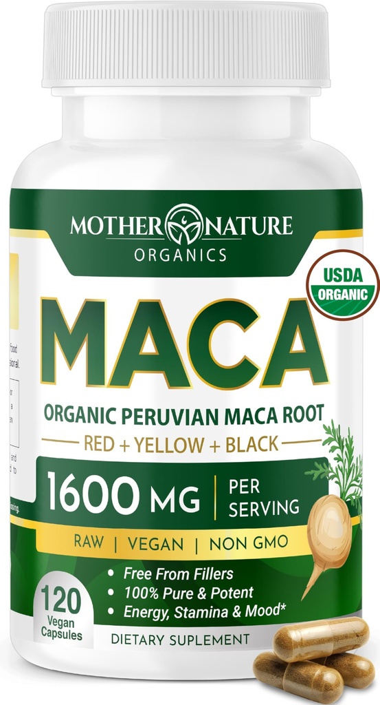 Mãe Natureza Orgânico Maca Raiz Cápsulas – 1600mg, 120 Cápsulas Vegan – Não OGM Peruano Amarelo, Vermelho e Preto Maca para homens e mulheres - Energia, Hormônio, Cérebro e Peso Bem-Estar
