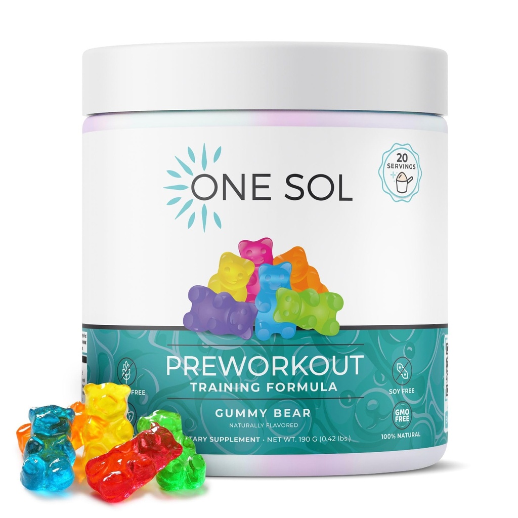 Um Sol pré-treino para as mulheres, bomba melhorada e foco, Sem nervos ou acidente, Ingredientes naturais, 100% Vegan, Gluten Free & Soy Free, (Gummy Bear)