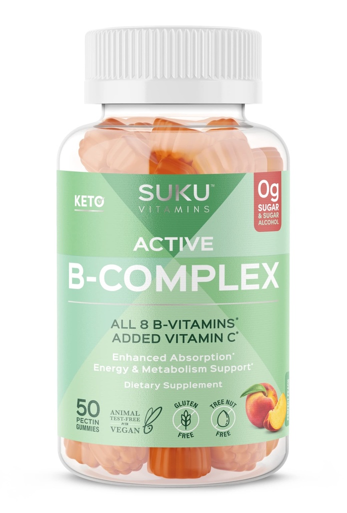 SUKU Vitamina B Complex Gummies com vitamina C – Açúcar grátis Vegan 8 B Vitaminas Complex Gummy Suplemento aumenta o desenvolvimento celular, melhora o metabolismo e formação de colágeno, sabor pêssego (50 Gummies)