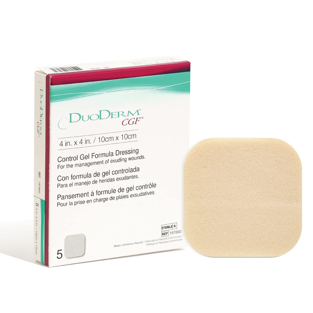 Gel de controle Convatec DuoDERM Fórmula 4 "x4" Dressing adesivo estéril hidrocolóide para feridas parciais e de espessura total, grau médico, Látex-livre, impermeável, quadrado, bege, caixa de 5ct