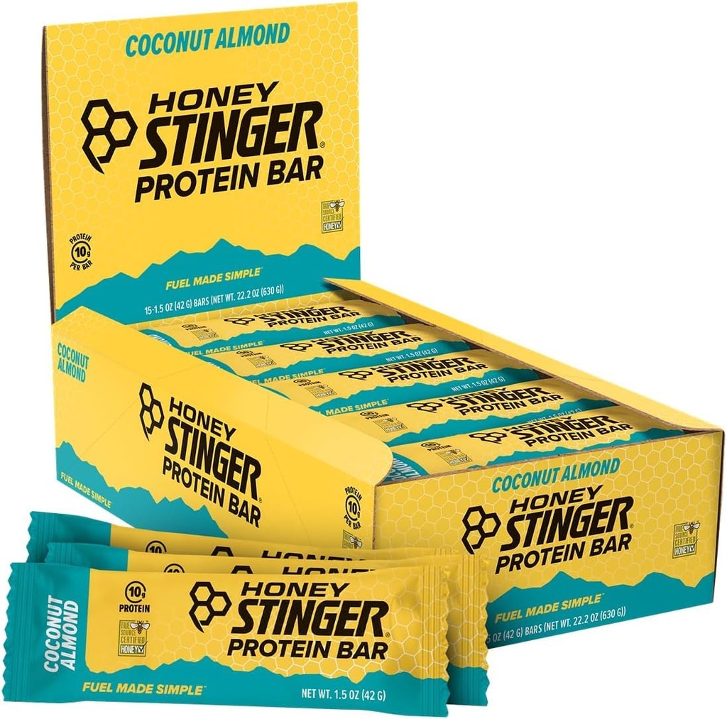 Honey Stinger Protein Bar, Amêndoa de coco, Alimentos embalados de proteína para exercício, resistência e desempenho, Snack Nutrição Desportiva para Casa e Ginásio, Pós-treino, Caixa de 15
