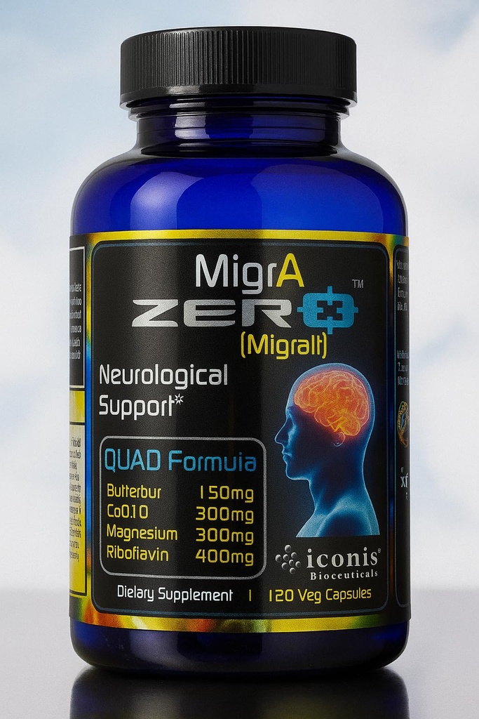Migraine Relief, Quad-Formula com PA-Free Butterbur (150mg), CoQ10 (300mg), Glicecinato de Magnésio (300mg), Riboflavina de Alta Dose (400mg) - MigrA Zero (120 Caps) Optimal Dose para Sofredores de Migraína