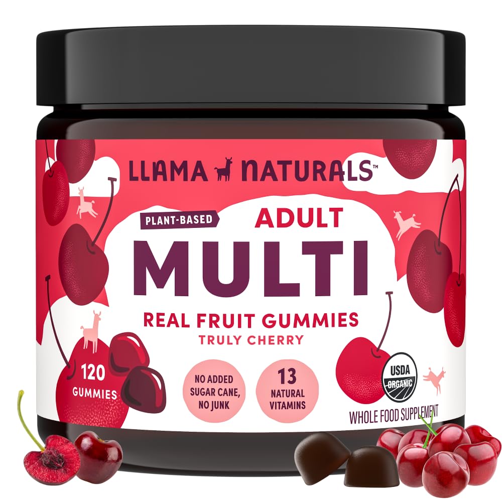 Llama Naturals Multivitamin para mulheres e homens, Vegan, Pastilhas orgânicas com vitamina D, C e K, Adultos Vitaminas Gummy fruta real, Chewable Suplemento Multivitamin, Não adicionado cana de açúcar, Cereja, 120 Ct