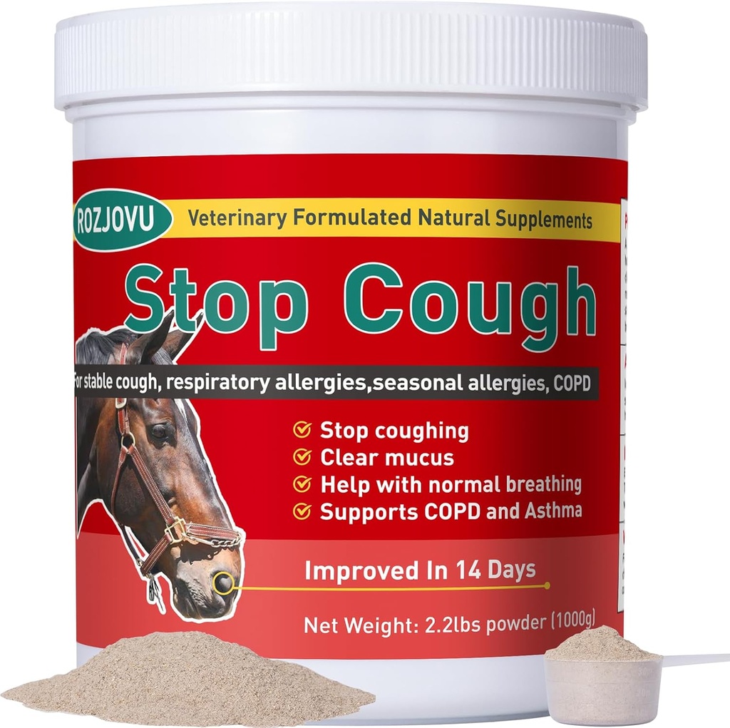 Stop Cough Horse Supplements Powder, Suporta cavalos com tosse estável, Alergias respiratórias, Alergias sazonais gratuitas, DPOC, 2,2 lbs, 70 dias de fornecimento