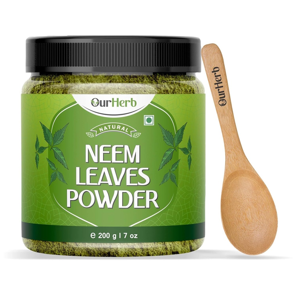 Pure Neem deixa a solução natural em pó para pele clara e cabelo sedoso sem espinhas, ideal para embalagens de rosto, cuidados com o cabelo e suporte de pigmentação com colher de madeira – 200g 7.04 Oz