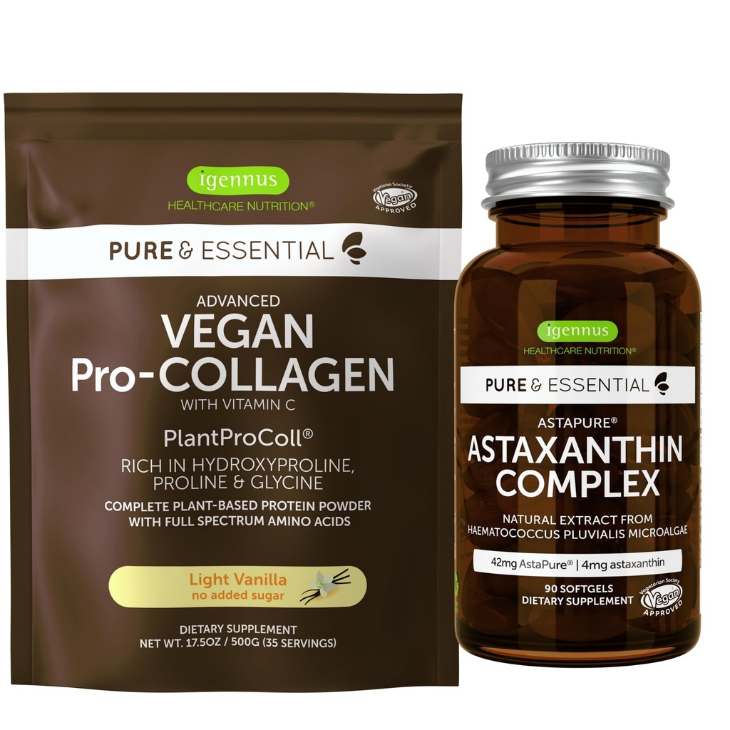 Vegan Vanilla Collagen Protein Powder + Astaxantina Complexo Pacote Vegan, Colágeno Boosting Fórmula + Natural 4mg H. Pluvialis Astaxantina para cabelos, Pele & unhas, por Igennus