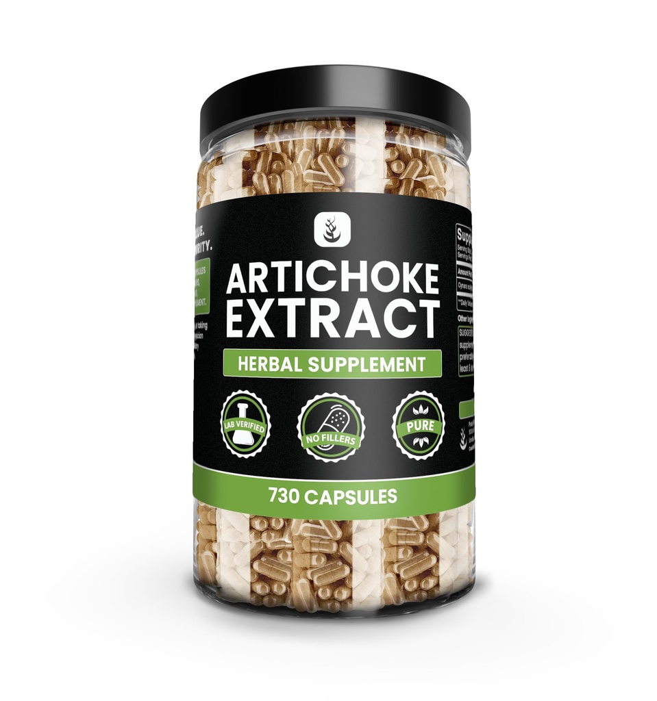 INGREDIENTES ORIGINAIS PUROS Extrato de alcachofra (730 cápsulas) Sem enchimento de magnésio ou arroz, sempre puro, verificado no laboratório