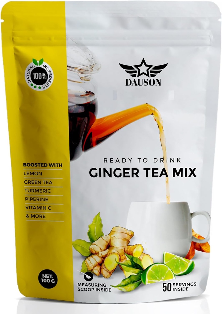 Gengibre limão chá de ervas em pó – Mistura refrescante com alcaçuz, Alcaçuz, Chá verde descafeinado, Vitamina C – Sem cafeína, Vegan, Gut-Friendly Detox Tea – 50 Servings
