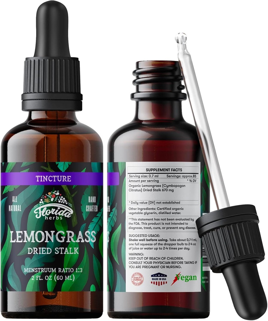 Tintura de capim-limão, Extrato de capim-limão orgânico (Cymbopogon Citratus) Suplemento de ervas, não-GMO em Glicerina vegetal orgânica a frio, 700 mg, 2 oz (60 ml)