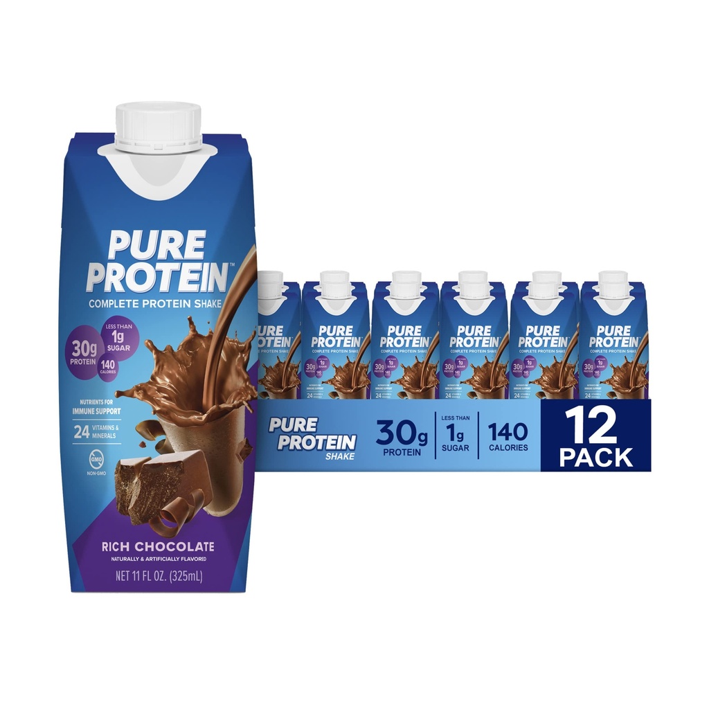 Pure Protein Chocolate Protein Shake, 30g Complete Protein, Pronto para Beber e Keto-Friendly, Vitaminas A, C, D e E mais Zinco para Apoiar a Saúde Imune, 11 oz Garrafas, 12 Pack
