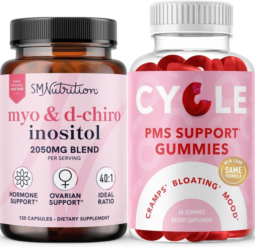 SMNutrition PMS suporte pastilhas & Myo-Inositol & D-Chiro Inositol® Hormone balanceamento pacote com 40:1 razão Inositol Suplemento (30 Servões) e Herbal Ciclo de suporte chicletes para mulheres (30 Servões)
