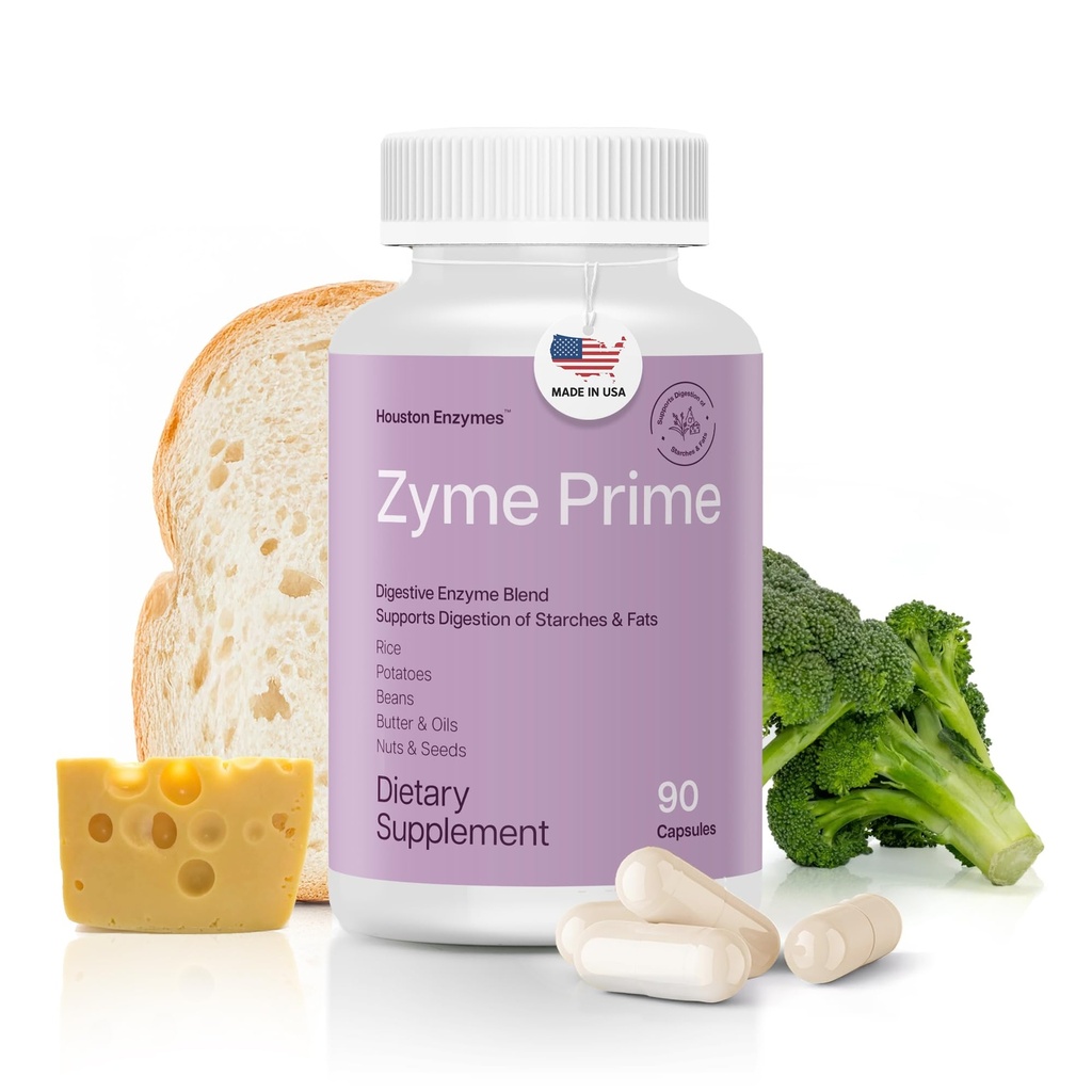Enzimas de Houston - Zyme Prime - 90 Cápsulas - Enzimas Digestivas Mulheres e Homens Enzima, Digestão para Carb, Discriminação de Gorduras e Proteínas, Ajuda a Intolerâncias, Bloating & Gás, Suplemento de Saúde Digestiva