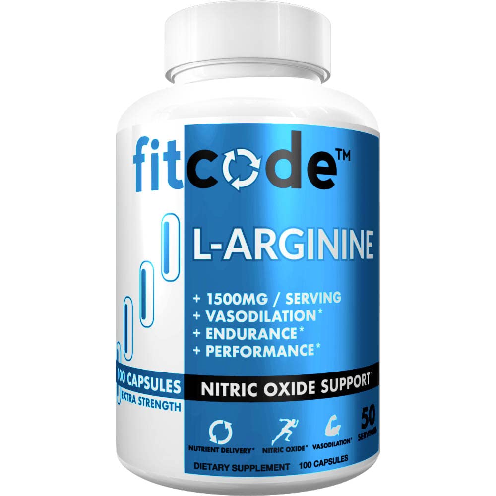 Fitcode Pure Extra Strength L-Arginina HCl 1500mg, Suplemento de Óxido Nítrico para Vascularidade, Bombas, Endurance, Desempenho, Crescimento Músculo, Energia, Cápsulas de Bomba Músculo N.O Poderoso (50 Servões)
