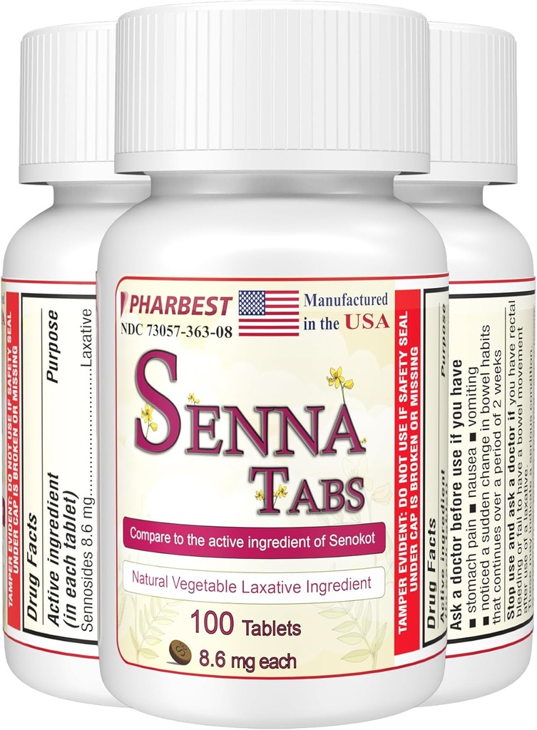Senna Tablets 100 Ct. – Laxante vegetal natural [Made in USA] – Laxantes para Obstipação, Limpador de Colón, Limpador de Detox, Alivio de Obstipação para Adultos Crianças 8,6mg, Macio de escabelo Plus (1 garrafa)
