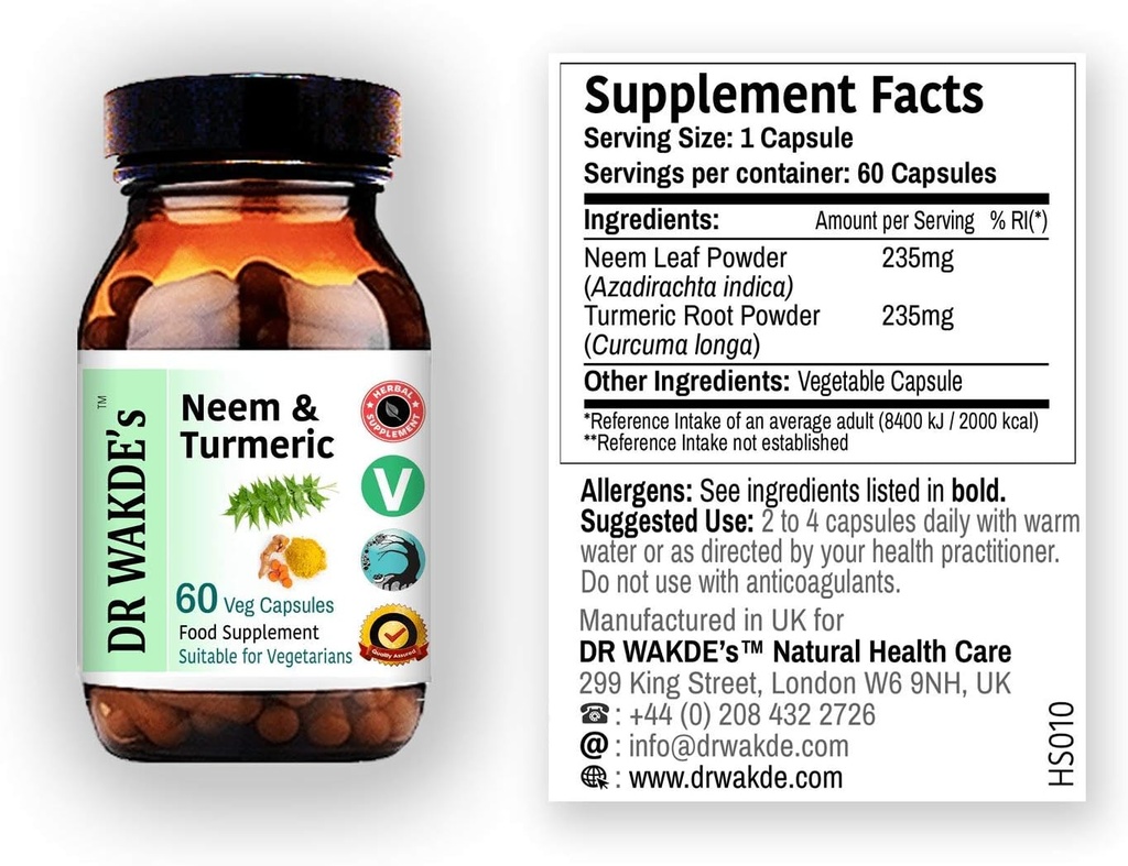 Cápsulas Neem & Turmeric de DR WAKDE 60 Veg Caps Suplemento Ayurvédico Vegan 100% Herbal Descontos de quantidade .