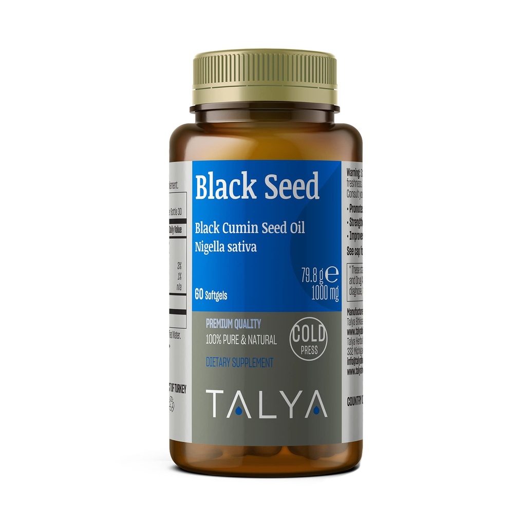 TALYA Black Seed Oil Softgel com alta timoquinona - Suporte imunológico - Saúde Digestiva - Função cerebral - Mobilidade Conjunta - Frio-Pressed from Non-GMO Turkish Black Cumin Nigella Sativa Seeds