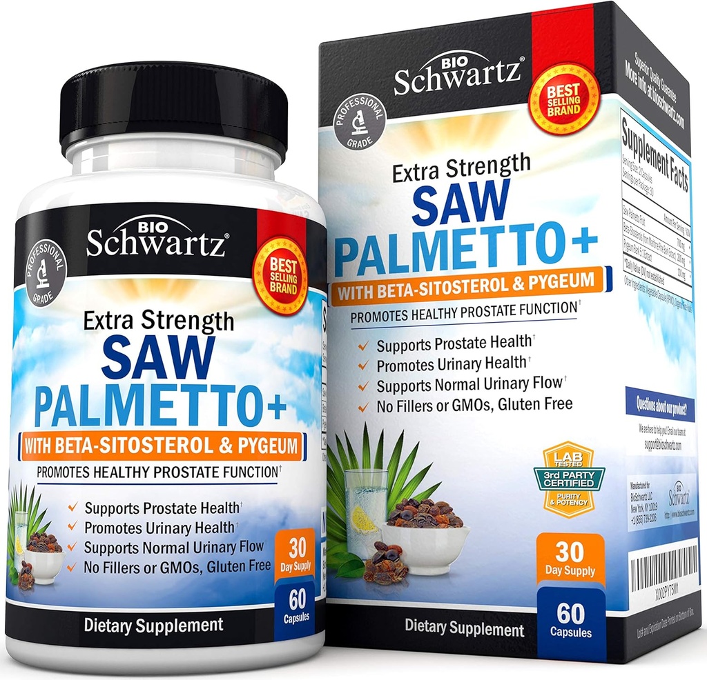 Serra Palmetto para homens com extrato de casca de pígeo e Beta-Sitosterol - Suporta Saúde Próstata e Função de Próstata Saudável - Promove Saúde Urinária e Fluxo Urinário Normal - Sem Glúten 60 Ct