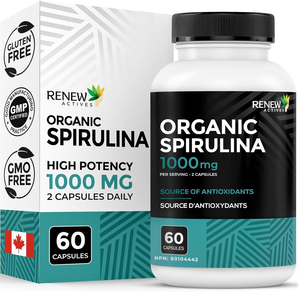 Renew Actives Organic Spirulina 1000MG por 2 Cápsulas – Superalimento para Homens e Mulheres – Suporta Energia, Bem-Estar & Função Imune – Rico em Antioxidantes & Nutrientes – Feito no Canadá – 60 Cápsulas