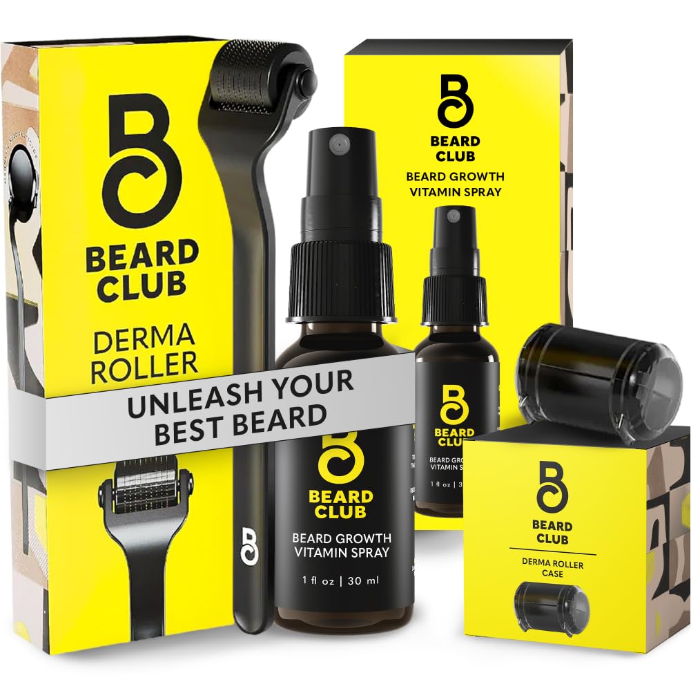 Barba Clube Premium Derma Roller & Biotin Beard Crescimento Vitamina Spray - Rolo Microneedle para homens e mulheres com 540 agulhas de titânio - Rolo de barba e óleo de barba para rosto, corpo e escalpe