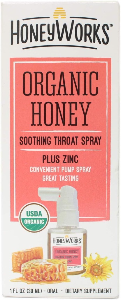 HoneyWorks Adult Throat Spray para alívio da garganta dolorida, 1 Oz, calmante não-GMO USDA Organic Dark Honey + Zinc, alívio de ação rápida, idade 12 anos+