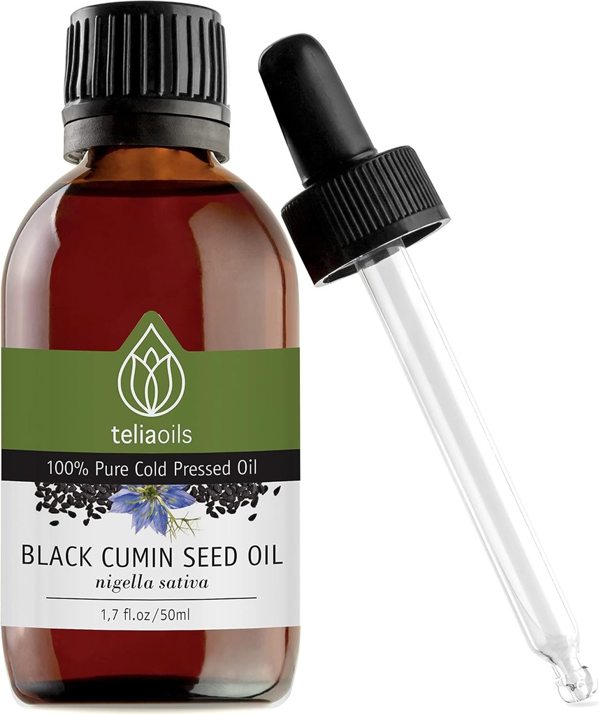 Teliaoils Black Seed Cumin Oil, 100% puro, natural, frio prensado, rico em ácidos graxos Omega-3 e Omega-6 & Polifenóis Grau Premium, para pele, unhas e cabelo, um excelente antioxidante