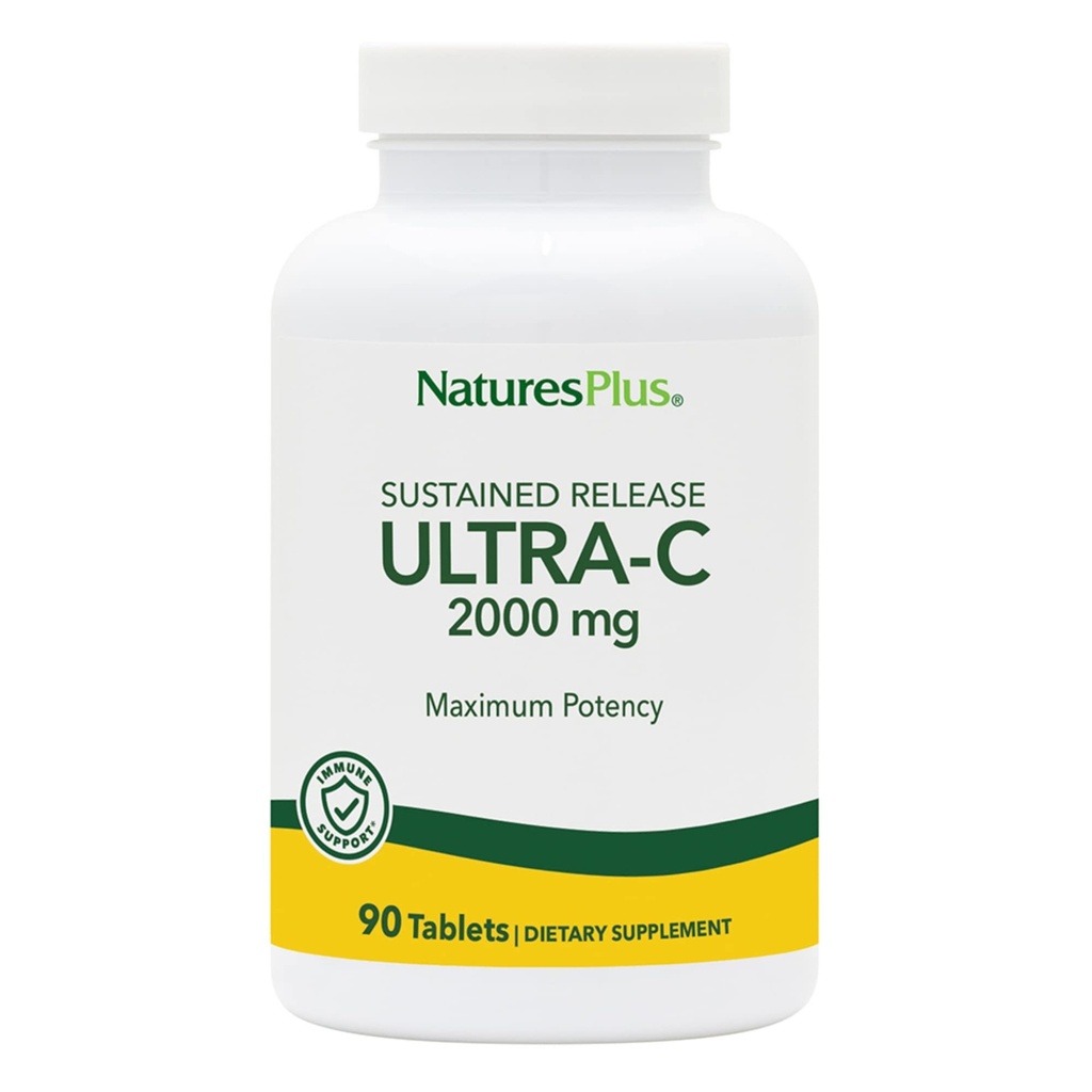 Natures Plus Ultra C W/Rose HIPS, Mantido Lançado - 2000 mg, 90 Comprimidos Vegetarianos - Suporte imunológico de potência máxima, Antioxidante - Defesa Radical Livre de Glúten - 90 Servimentos