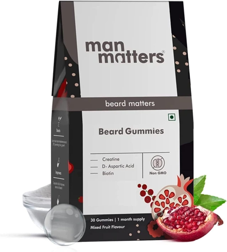SENTA Homem MaterS gomas de barba para homens       , Embalagem de 30 dias , Estimula folículos de barba & melhora a densidade de barba , Biotina, Ácido D-aspártico & Creatina , 100% Vegan