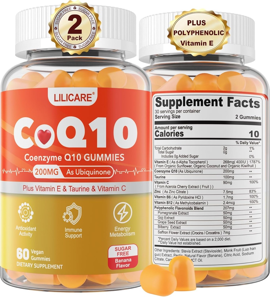 Sugar-Free CoQ10 200mg Gummies - Coenzyme Q10 w/Taurine, Vitamina E, C, B6, B12, Zinco - Alta Absorção CoQ10 Suplemento para Antioxidante, Energia Celular & Saúde Hear-t, Vegan 120 C