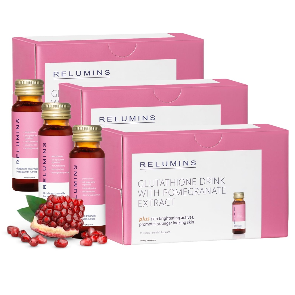 Reluminas Glutation Hydration Shots - Recuperação de pele pós-verão e hidratação do tempo frio - Colágeno-Boosting & Made in USA - Romã Flavor - 30 Garrafas x 50 ml