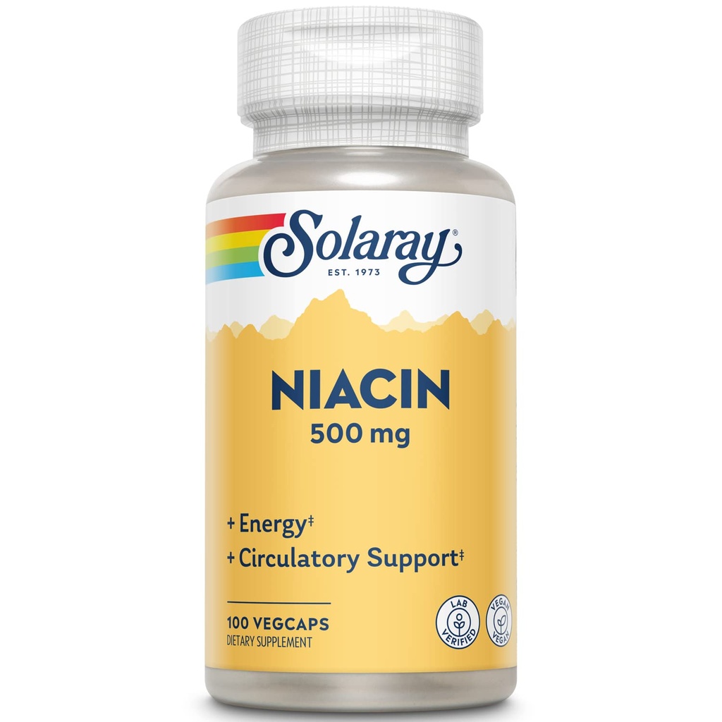 SOLARAY Niacin 500 mg, Vitamina B3 – Saúde da Pele, Sistema Nervoso e Suporte à Circulação