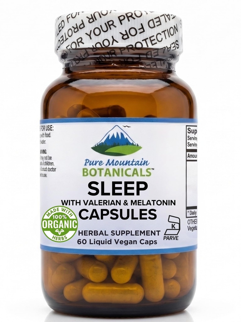Dormir Natural com Valeriano Orgânico, Camomila, Flor de paixão, Crânio, Melatonina, lúpulo & Mais - 60 Cápsulas Vegan